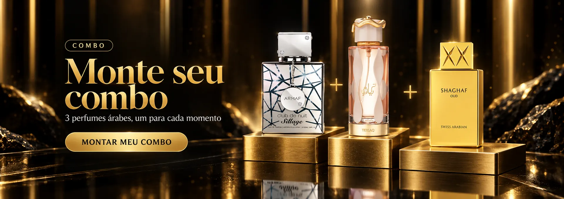 Monte seu combo: 3 perfumes árabes — Club de Nuit Sillage, Teriaq e Shaghaf Oud. Montar meu combo pelo WhatsApp