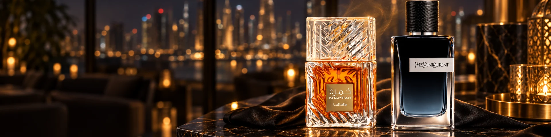 Khamrah e Y Eau de Parfum sobre um balcão de mármore preto em um terraço com a cidade iluminada ao fundo
